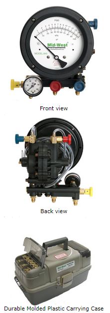 midwest 845 backflow test kit, front, back and case